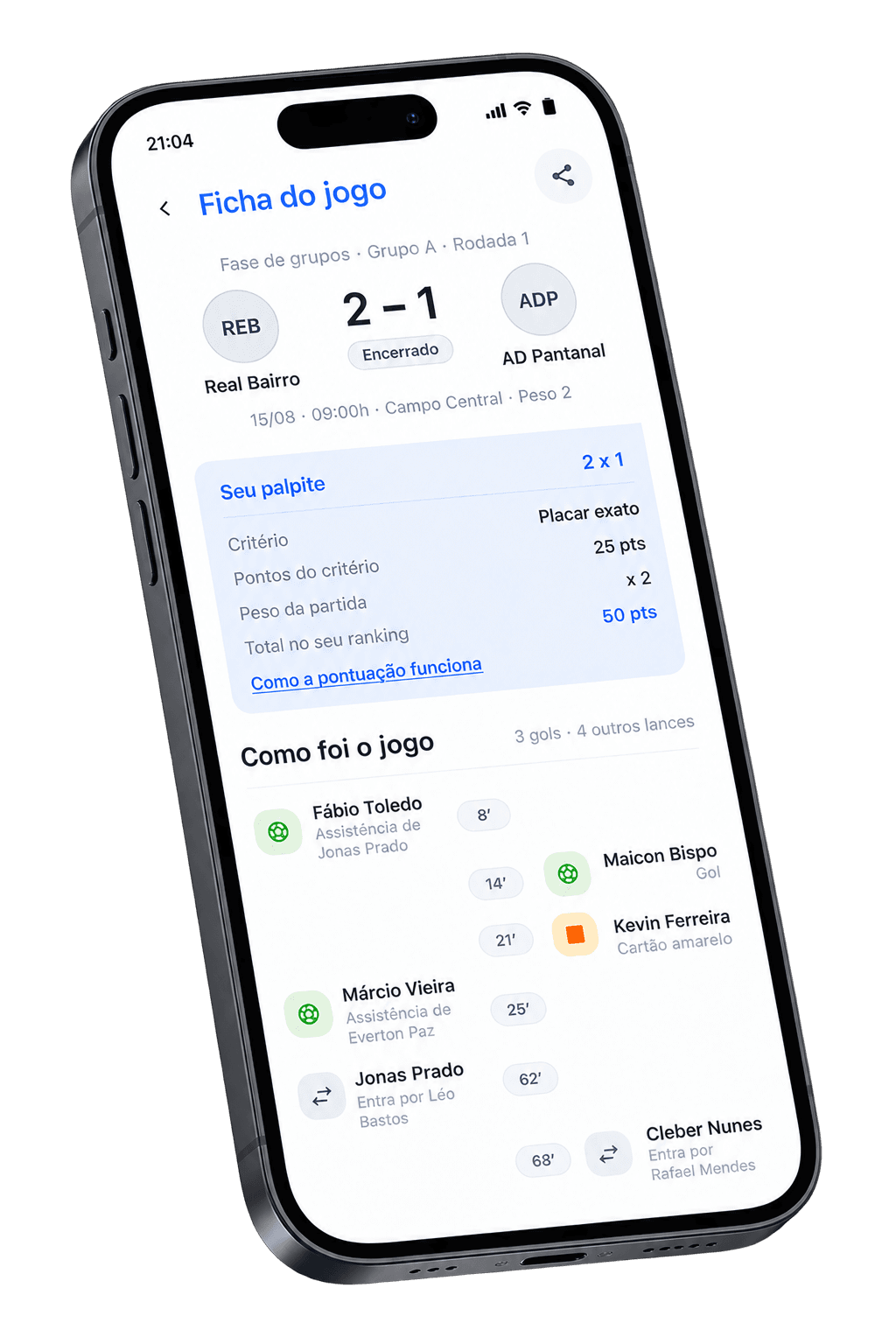 Ficha do jogo no UFoot: placar, seu palpite e os lances da partida