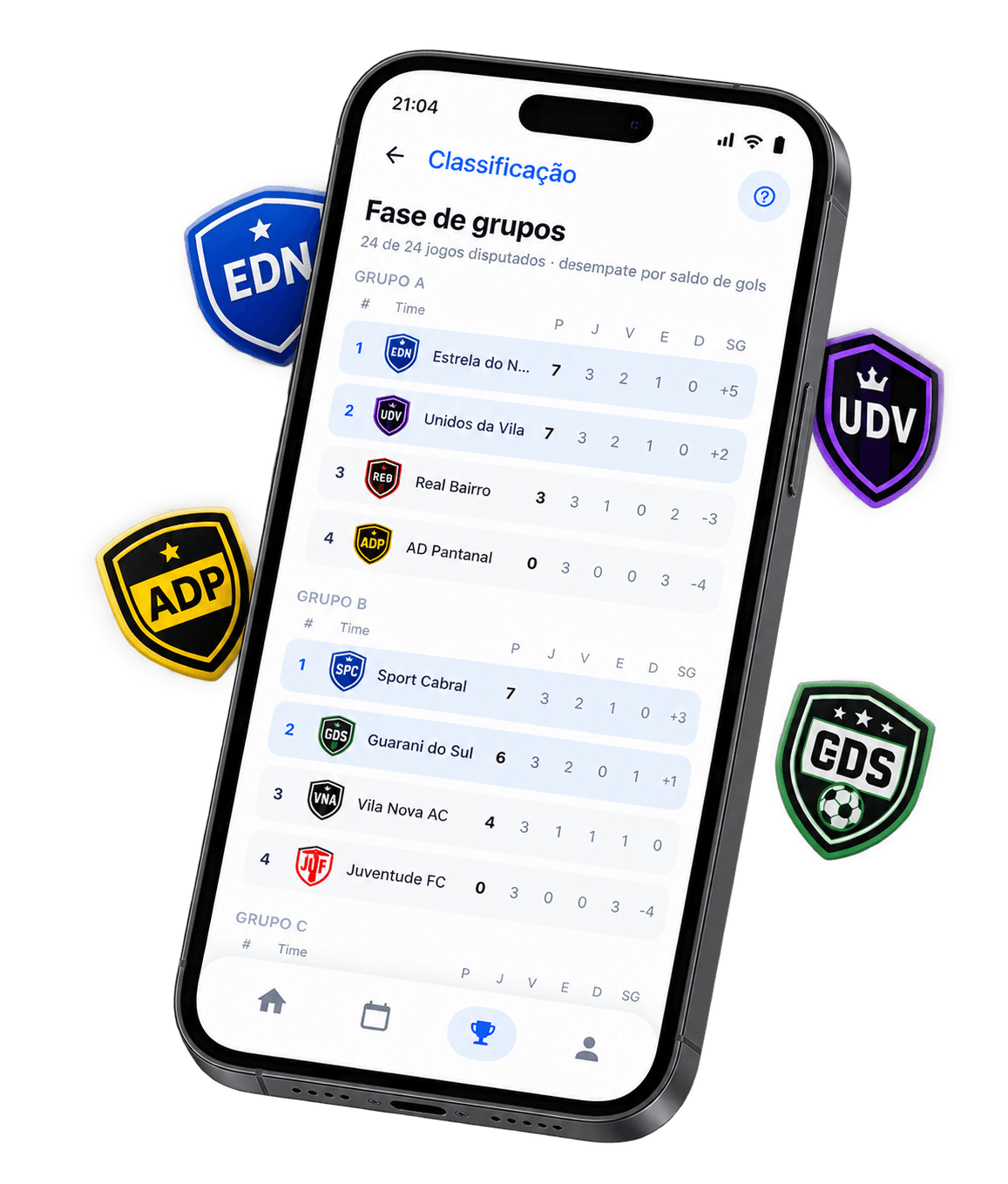 Tela de classificação do UFoot com os escudos dos times ao redor