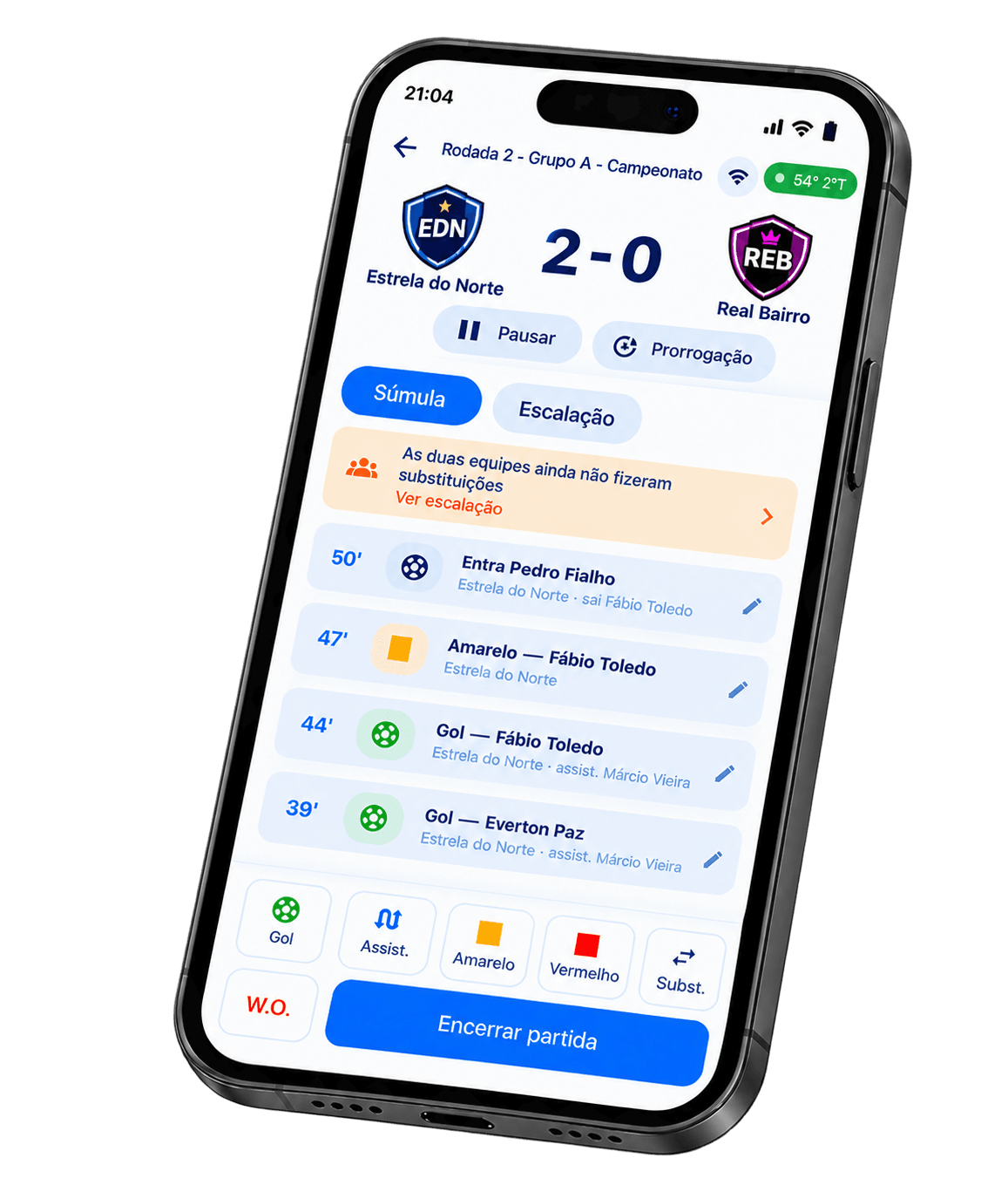 Súmula ao vivo do UFoot Gestor: placar, lances e botões de gol, cartão e substituição